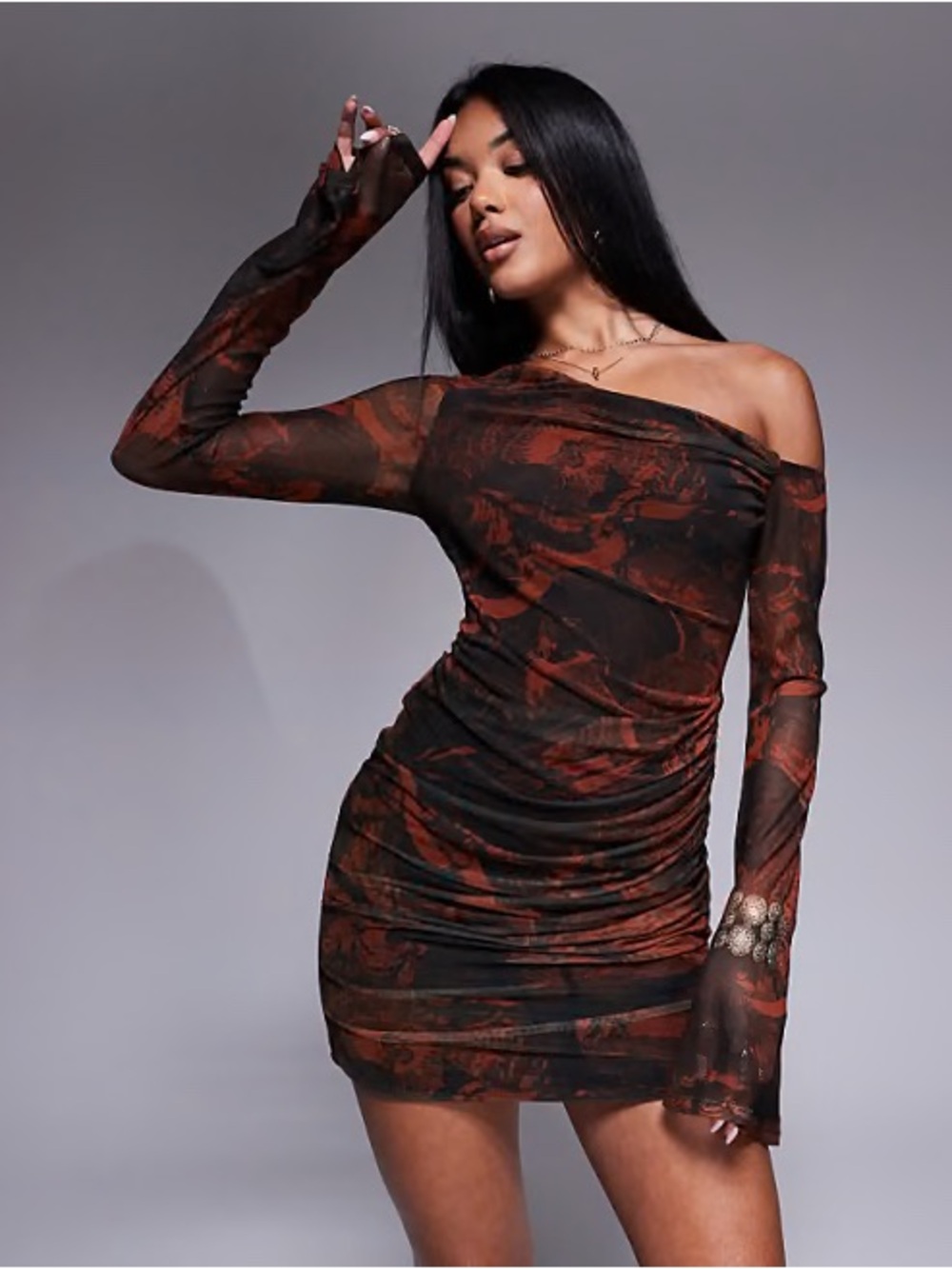 ASOS Design off shoulder mesh mini dress red brown size 4